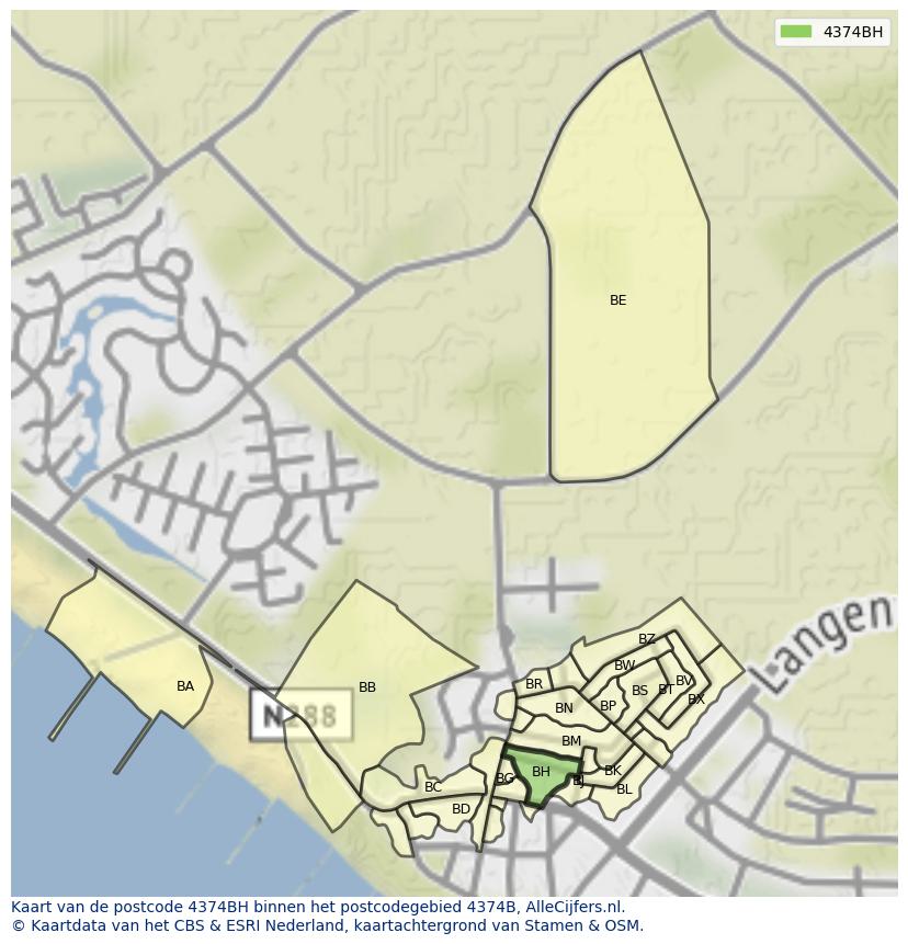 Afbeelding van het postcodegebied 4374 BH op de kaart.