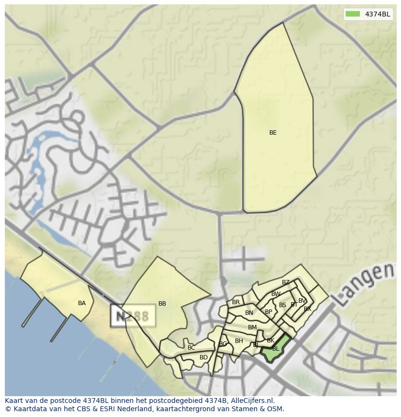 Afbeelding van het postcodegebied 4374 BL op de kaart.