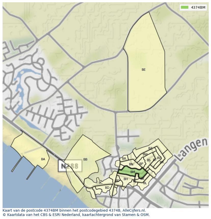 Afbeelding van het postcodegebied 4374 BM op de kaart.