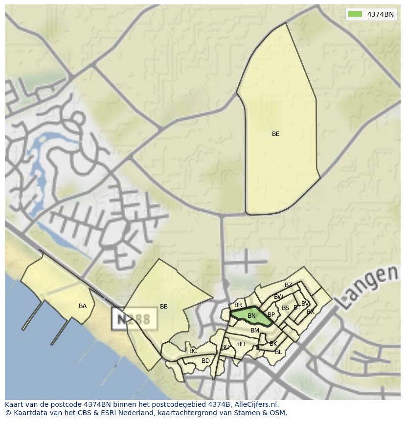 Afbeelding van het postcodegebied 4374 BN op de kaart.