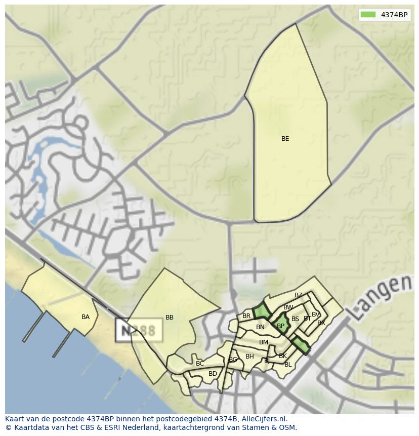 Afbeelding van het postcodegebied 4374 BP op de kaart.
