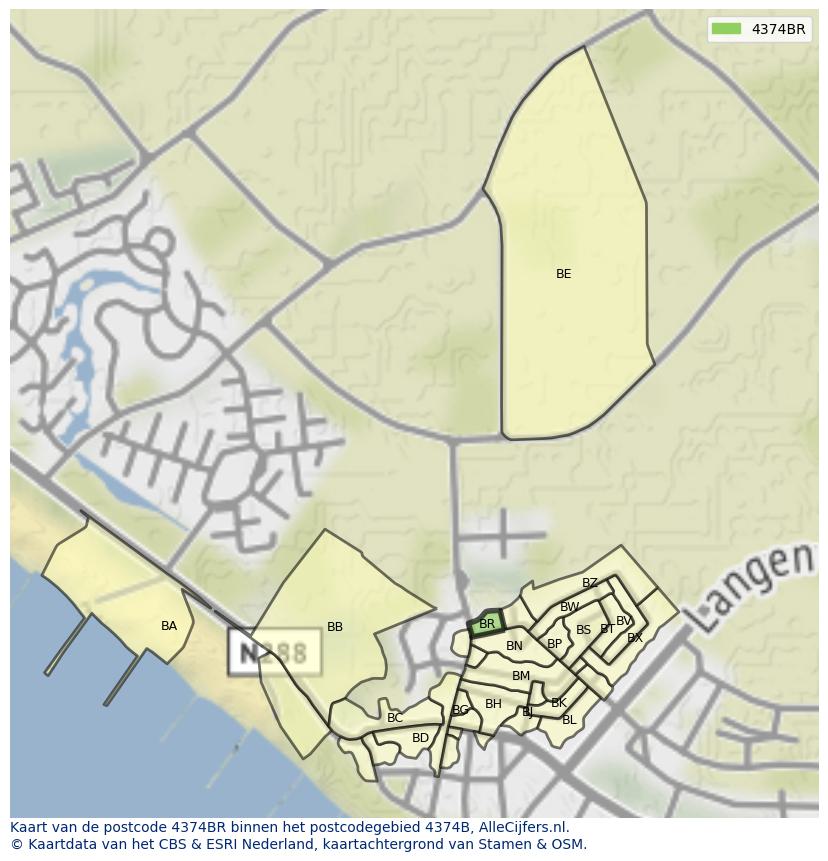 Afbeelding van het postcodegebied 4374 BR op de kaart.