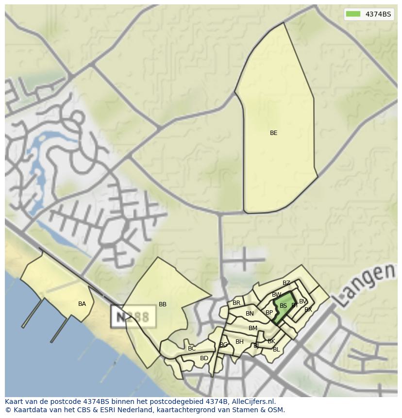 Afbeelding van het postcodegebied 4374 BS op de kaart.