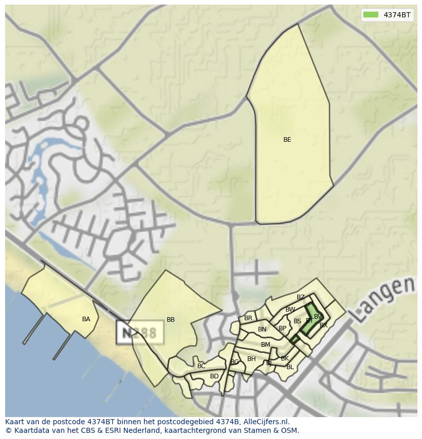 Afbeelding van het postcodegebied 4374 BT op de kaart.