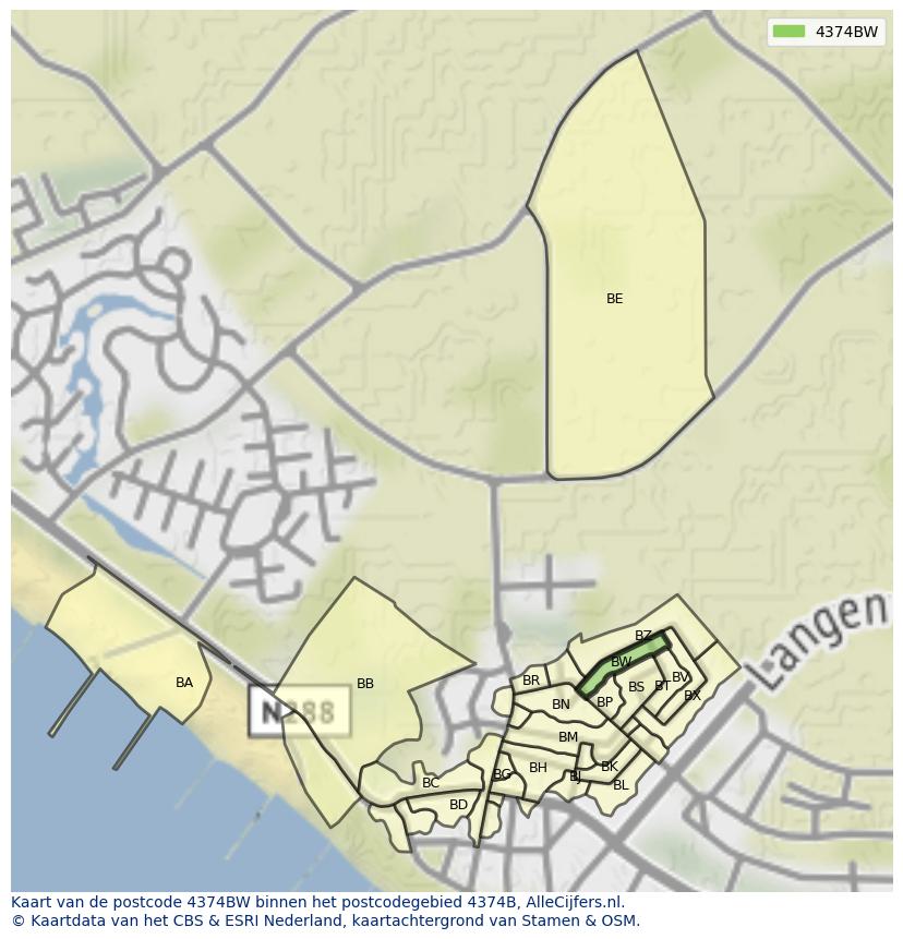 Afbeelding van het postcodegebied 4374 BW op de kaart.