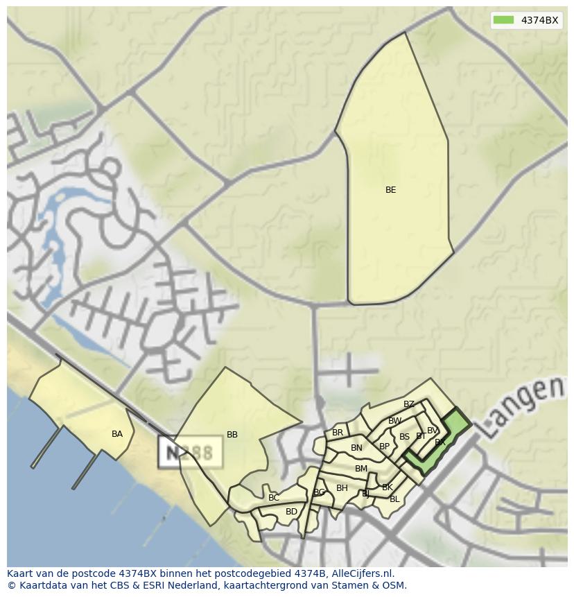 Afbeelding van het postcodegebied 4374 BX op de kaart.