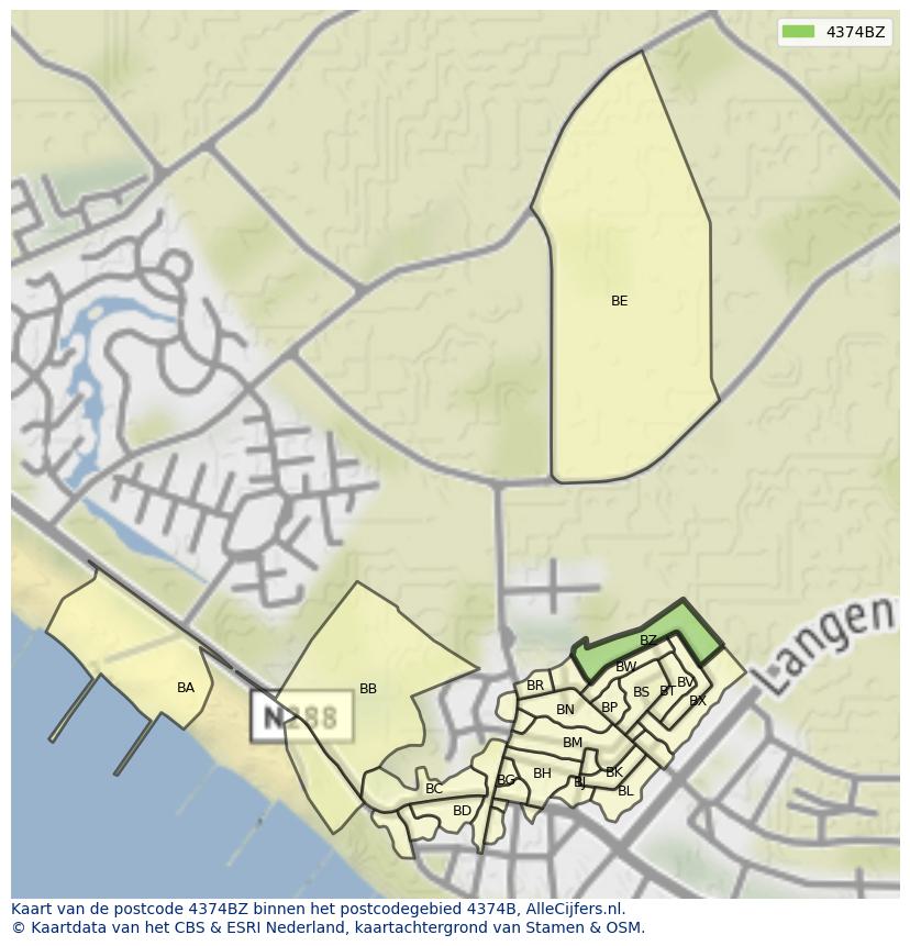 Afbeelding van het postcodegebied 4374 BZ op de kaart.