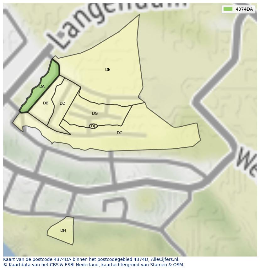 Afbeelding van het postcodegebied 4374 DA op de kaart.