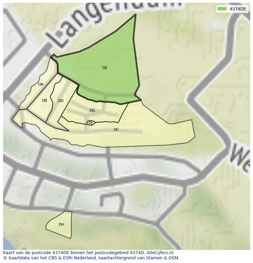 Afbeelding van het postcodegebied 4374 DE op de kaart.