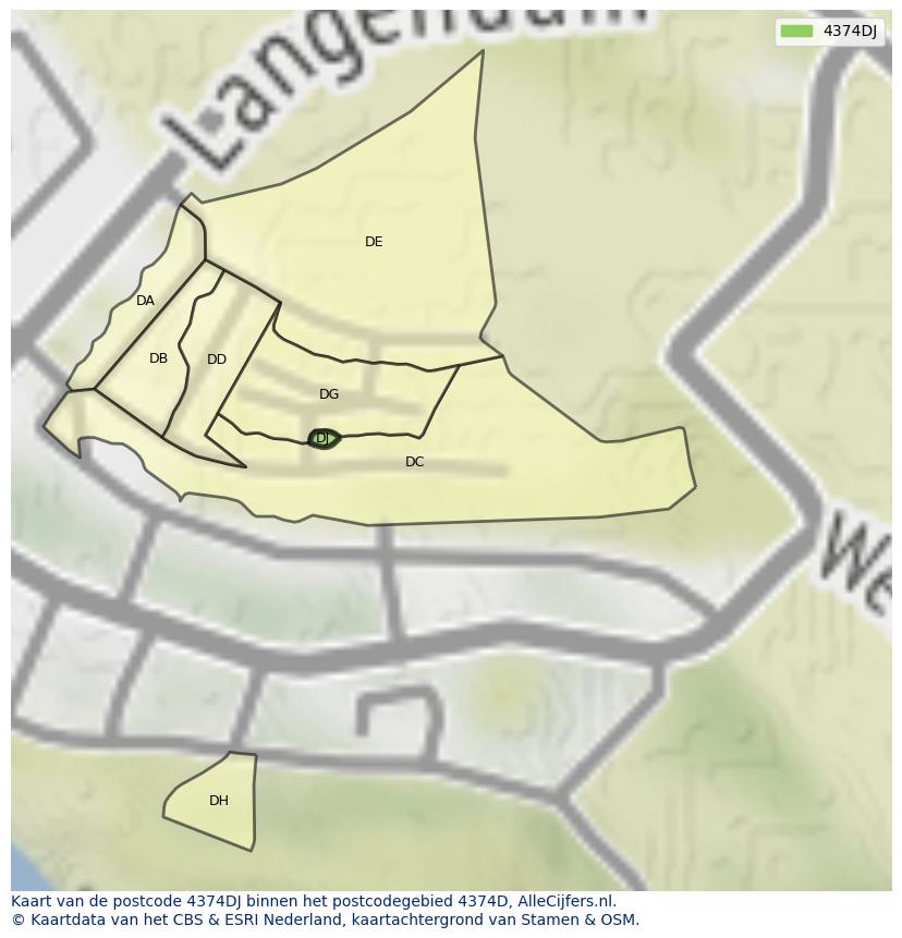 Afbeelding van het postcodegebied 4374 DJ op de kaart.