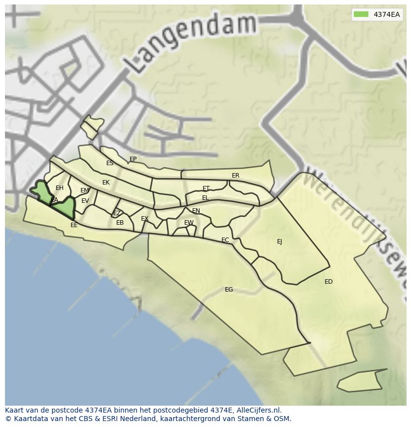 Afbeelding van het postcodegebied 4374 EA op de kaart.