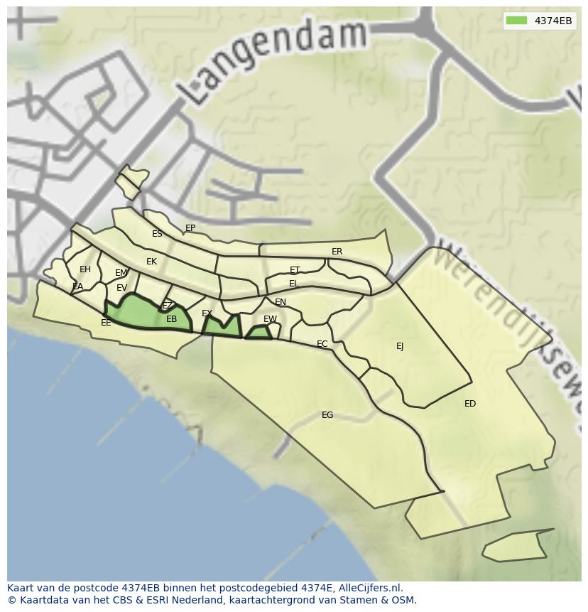 Afbeelding van het postcodegebied 4374 EB op de kaart.