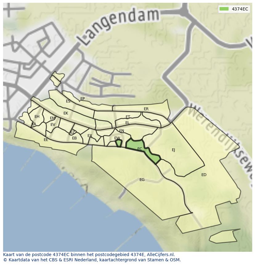 Afbeelding van het postcodegebied 4374 EC op de kaart.