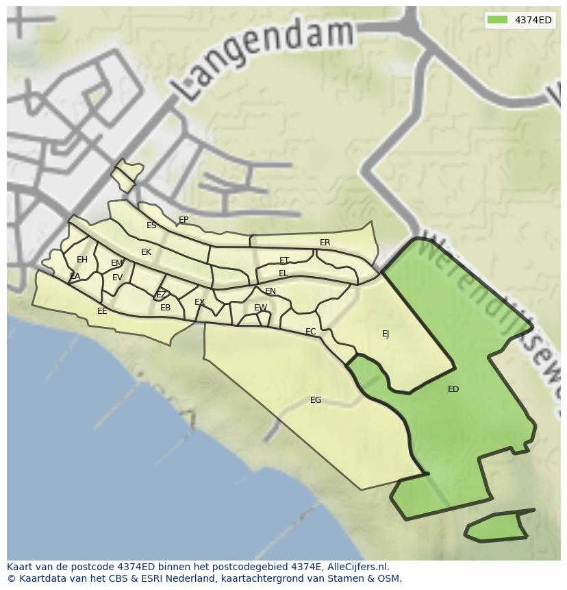 Afbeelding van het postcodegebied 4374 ED op de kaart.