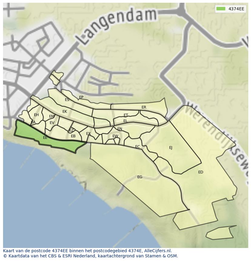 Afbeelding van het postcodegebied 4374 EE op de kaart.