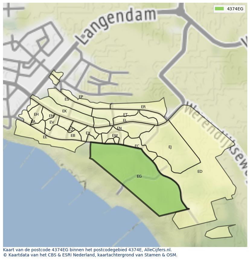 Afbeelding van het postcodegebied 4374 EG op de kaart.