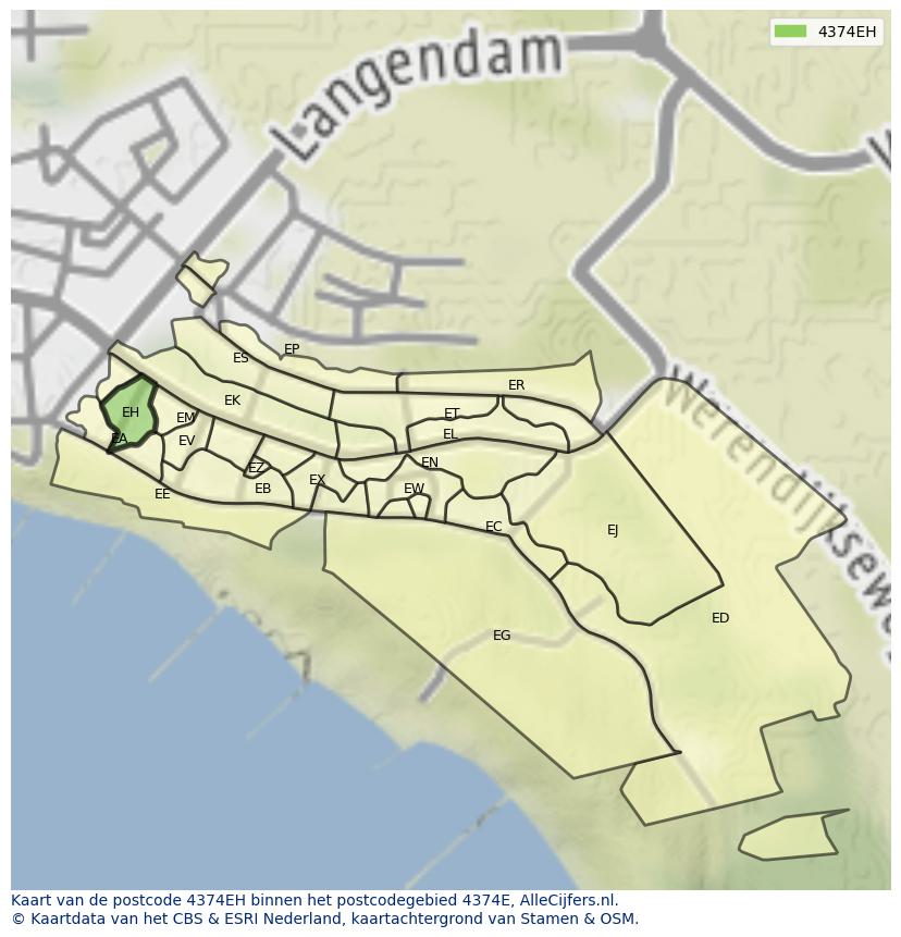 Afbeelding van het postcodegebied 4374 EH op de kaart.