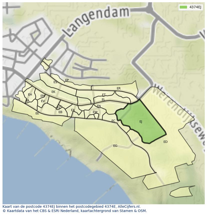Afbeelding van het postcodegebied 4374 EJ op de kaart.