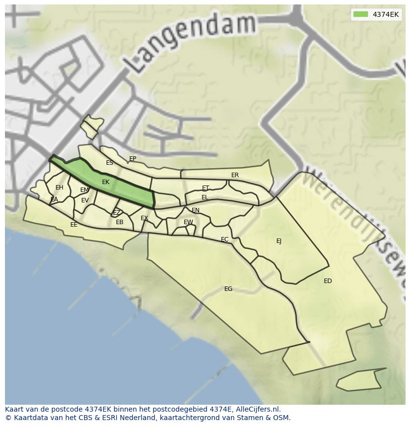 Afbeelding van het postcodegebied 4374 EK op de kaart.