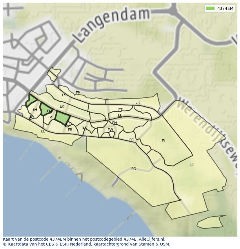 Afbeelding van het postcodegebied 4374 EM op de kaart.