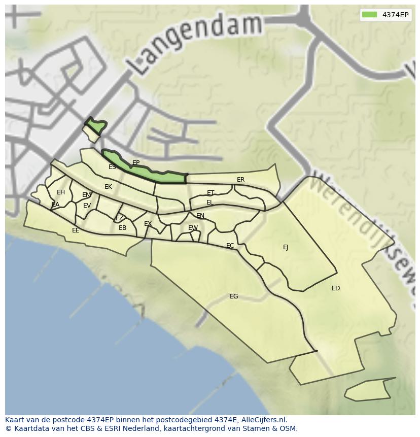 Afbeelding van het postcodegebied 4374 EP op de kaart.