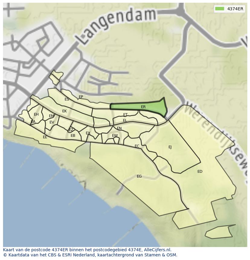Afbeelding van het postcodegebied 4374 ER op de kaart.