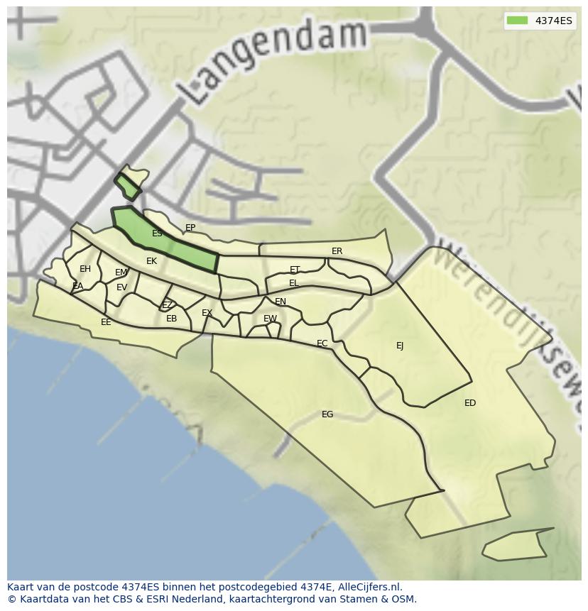 Afbeelding van het postcodegebied 4374 ES op de kaart.