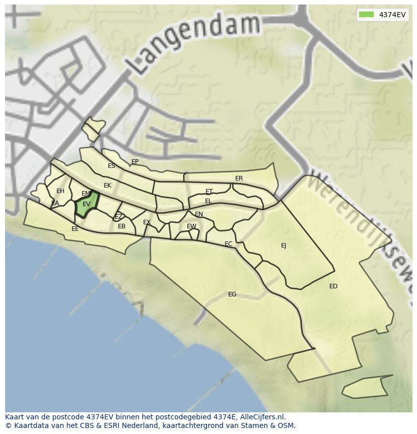 Afbeelding van het postcodegebied 4374 EV op de kaart.