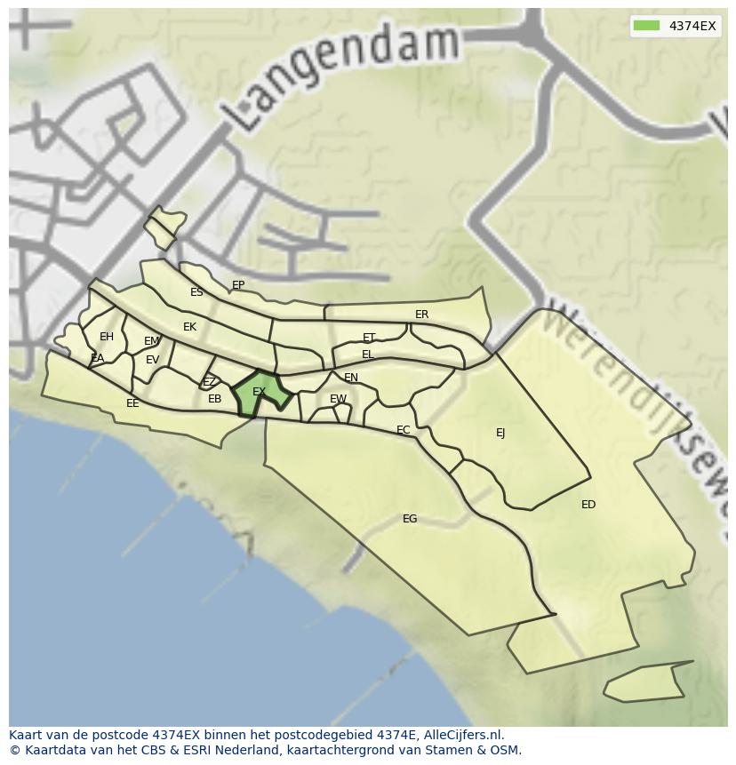 Afbeelding van het postcodegebied 4374 EX op de kaart.