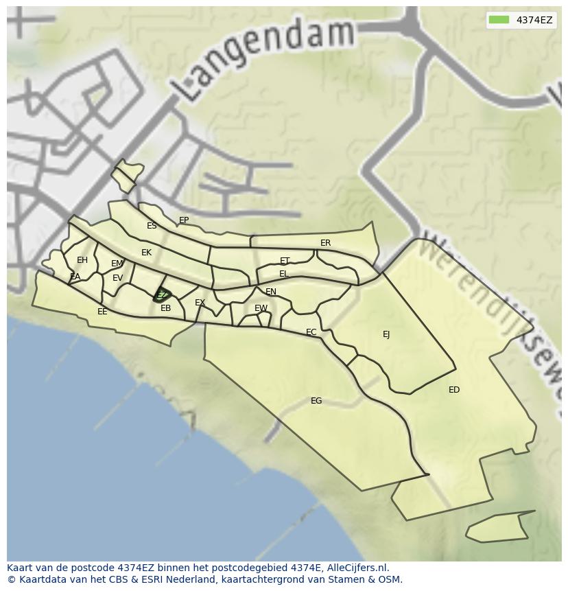 Afbeelding van het postcodegebied 4374 EZ op de kaart.
