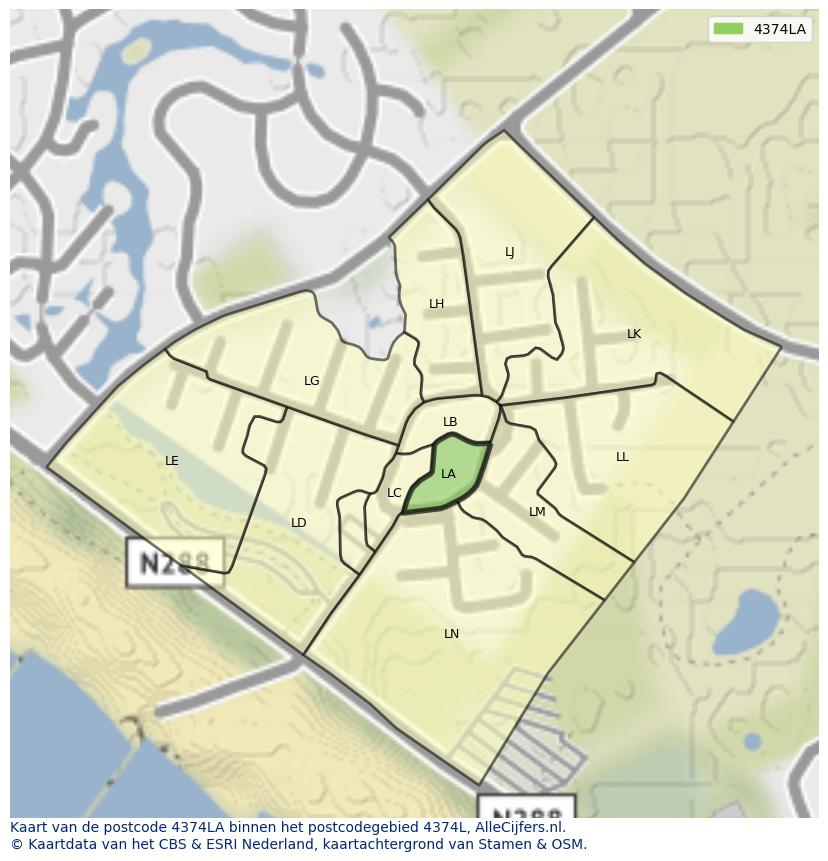 Afbeelding van het postcodegebied 4374 LA op de kaart.