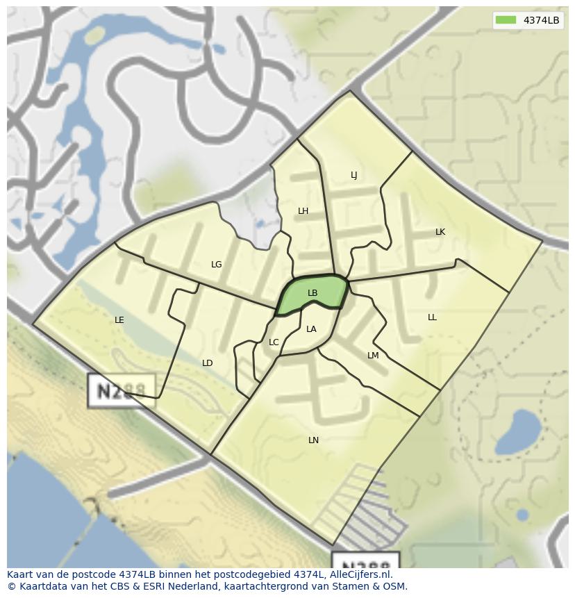 Afbeelding van het postcodegebied 4374 LB op de kaart.