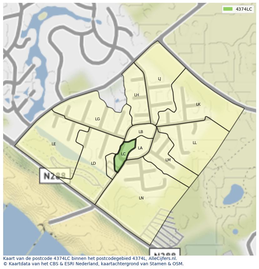 Afbeelding van het postcodegebied 4374 LC op de kaart.