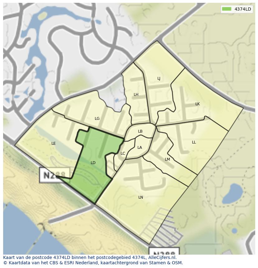 Afbeelding van het postcodegebied 4374 LD op de kaart.