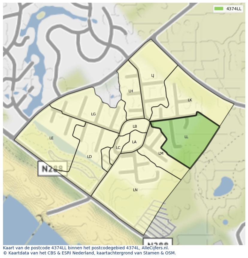 Afbeelding van het postcodegebied 4374 LL op de kaart.