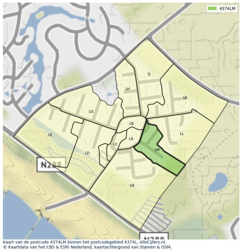 Afbeelding van het postcodegebied 4374 LM op de kaart.