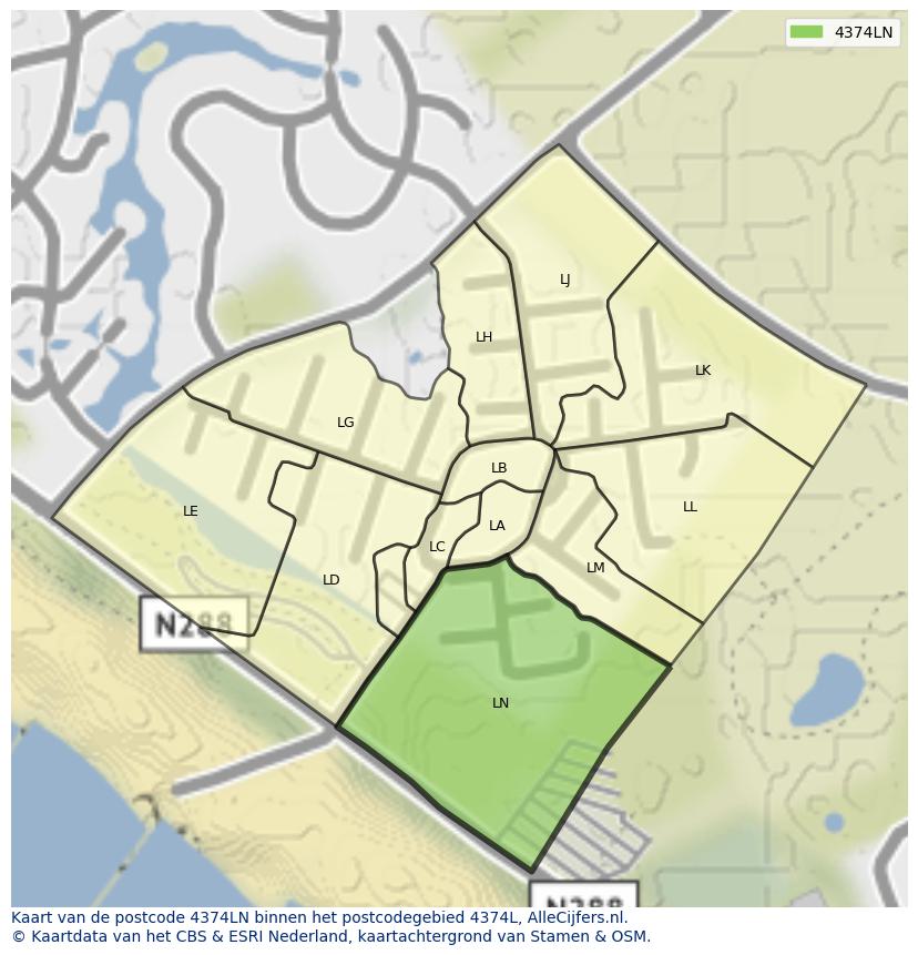Afbeelding van het postcodegebied 4374 LN op de kaart.