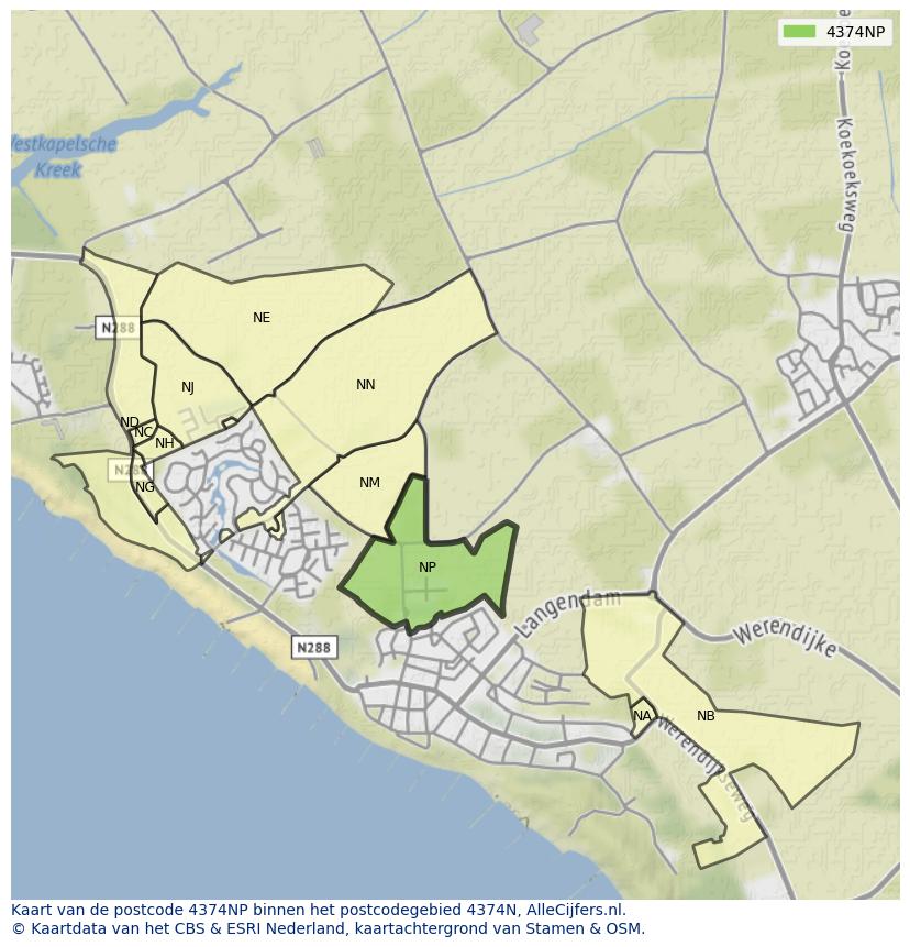Afbeelding van het postcodegebied 4374 NP op de kaart.