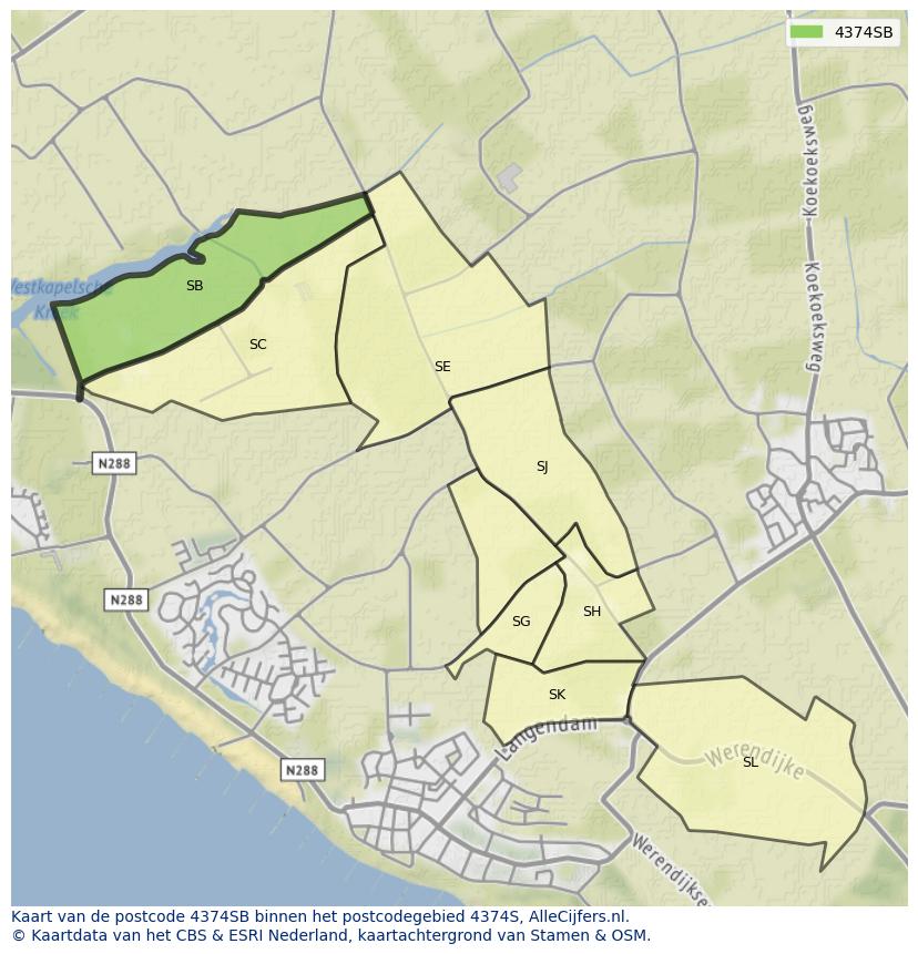 Afbeelding van het postcodegebied 4374 SB op de kaart.