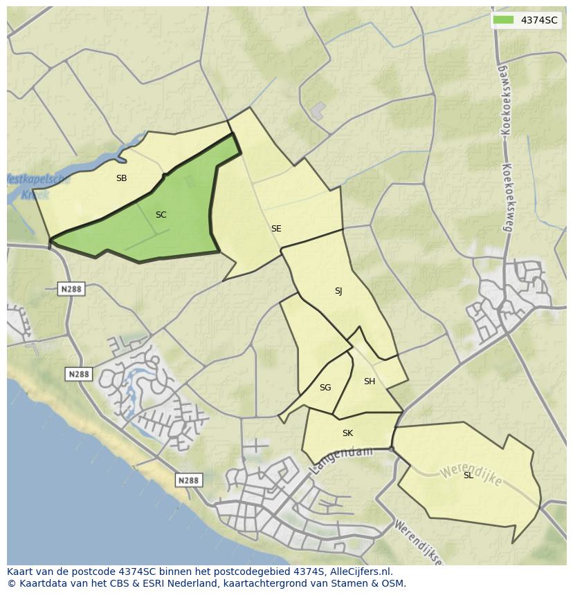 Afbeelding van het postcodegebied 4374 SC op de kaart.