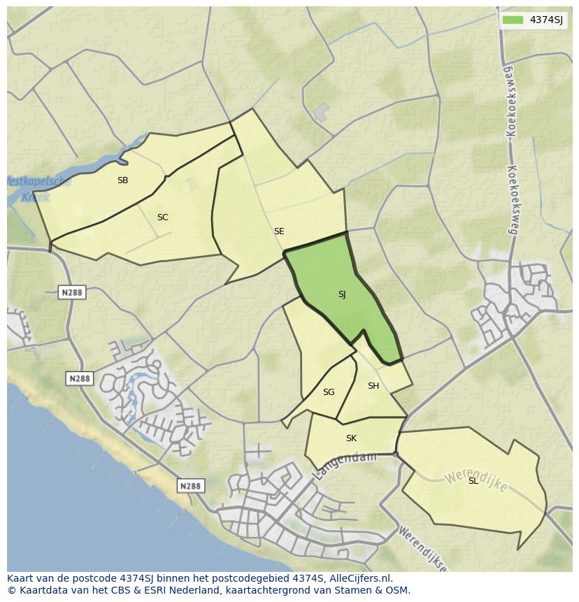 Afbeelding van het postcodegebied 4374 SJ op de kaart.