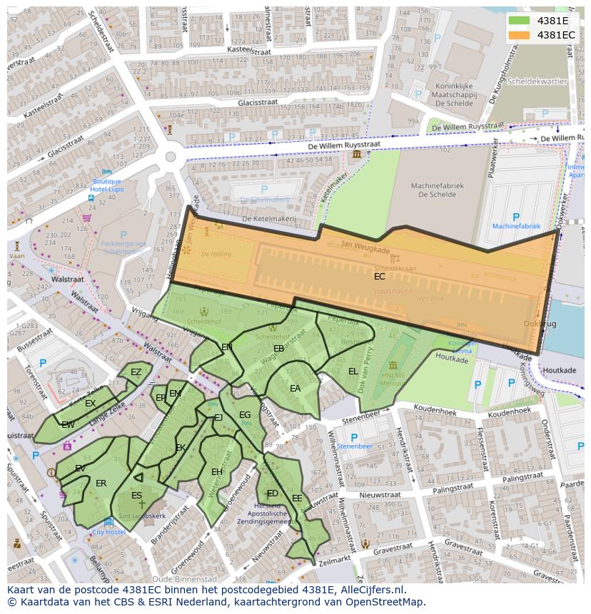 Afbeelding van het postcodegebied 4381 EC op de kaart.