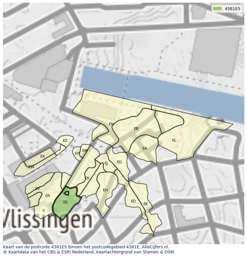 Afbeelding van het postcodegebied 4381 ES op de kaart.