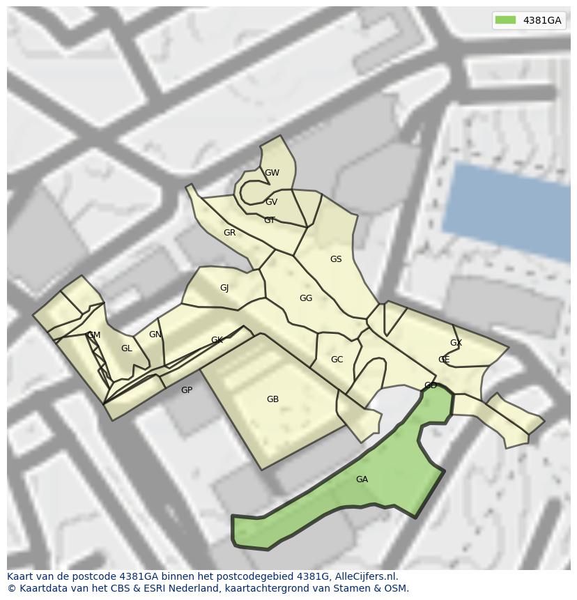 Afbeelding van het postcodegebied 4381 GA op de kaart.