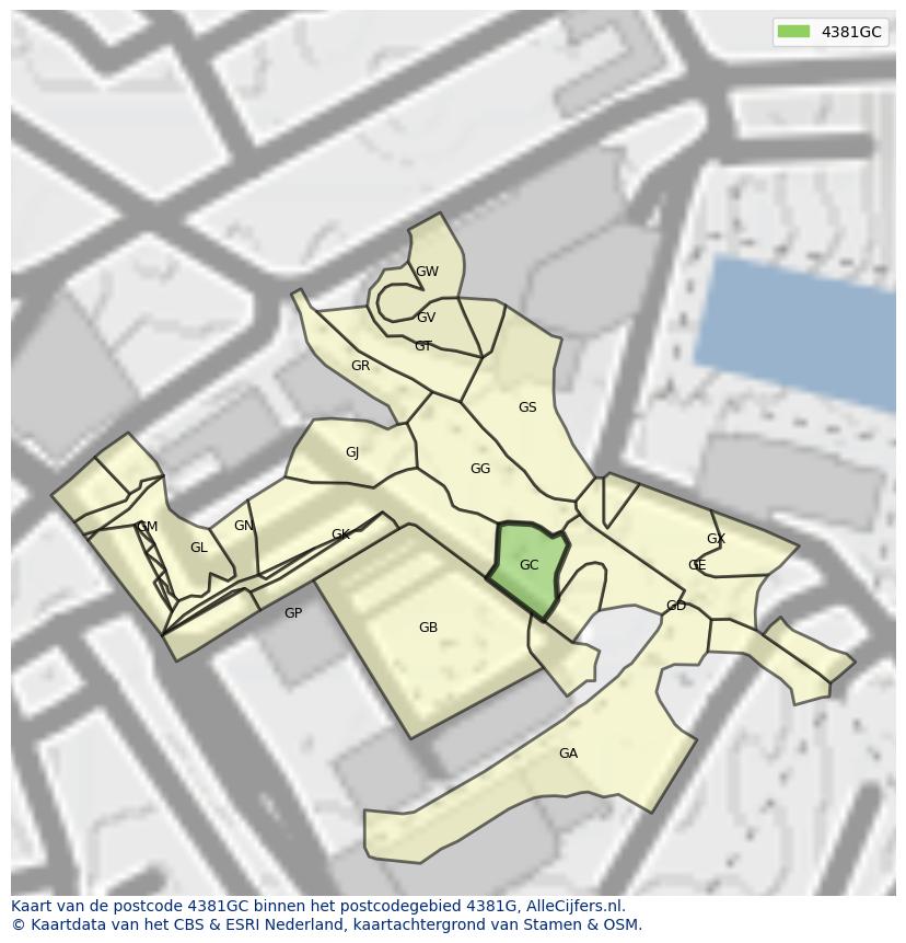 Afbeelding van het postcodegebied 4381 GC op de kaart.