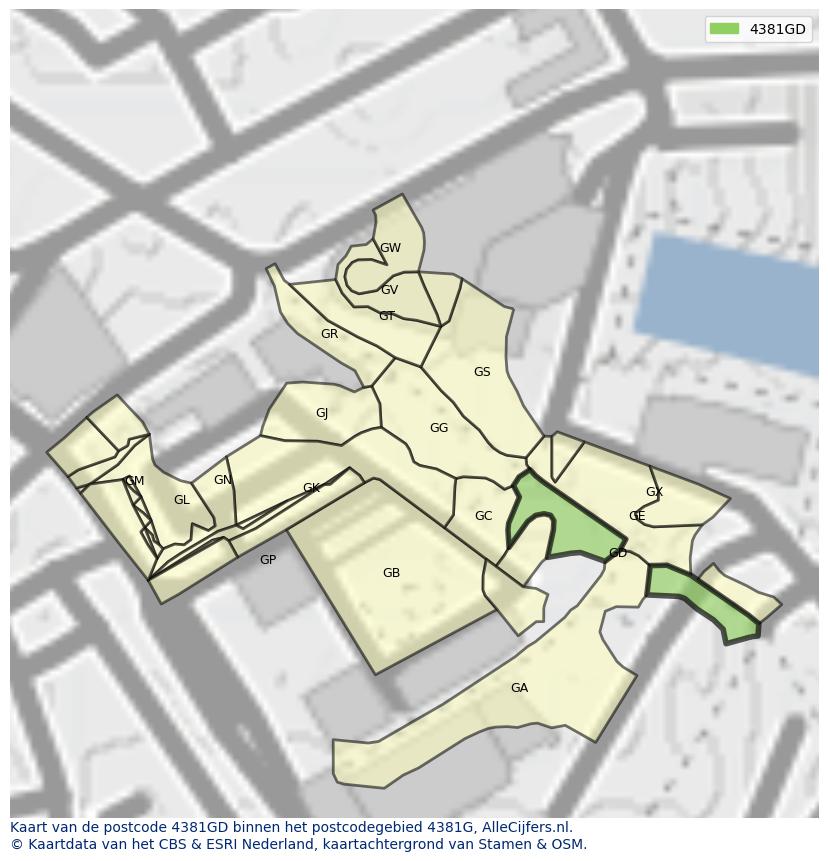 Afbeelding van het postcodegebied 4381 GD op de kaart.