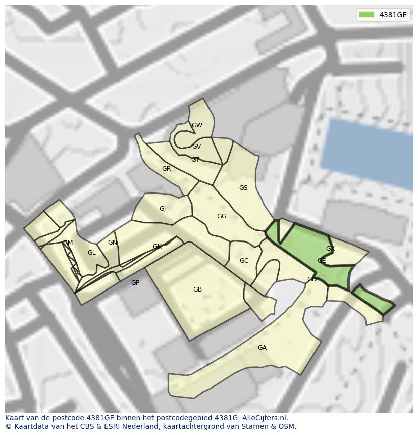Afbeelding van het postcodegebied 4381 GE op de kaart.