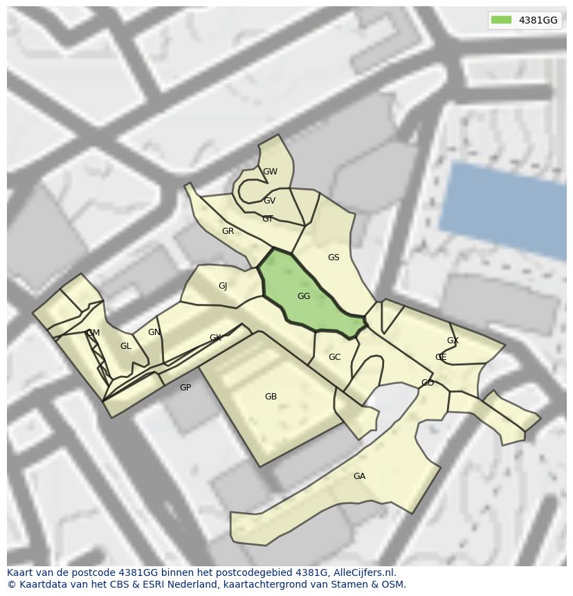 Afbeelding van het postcodegebied 4381 GG op de kaart.