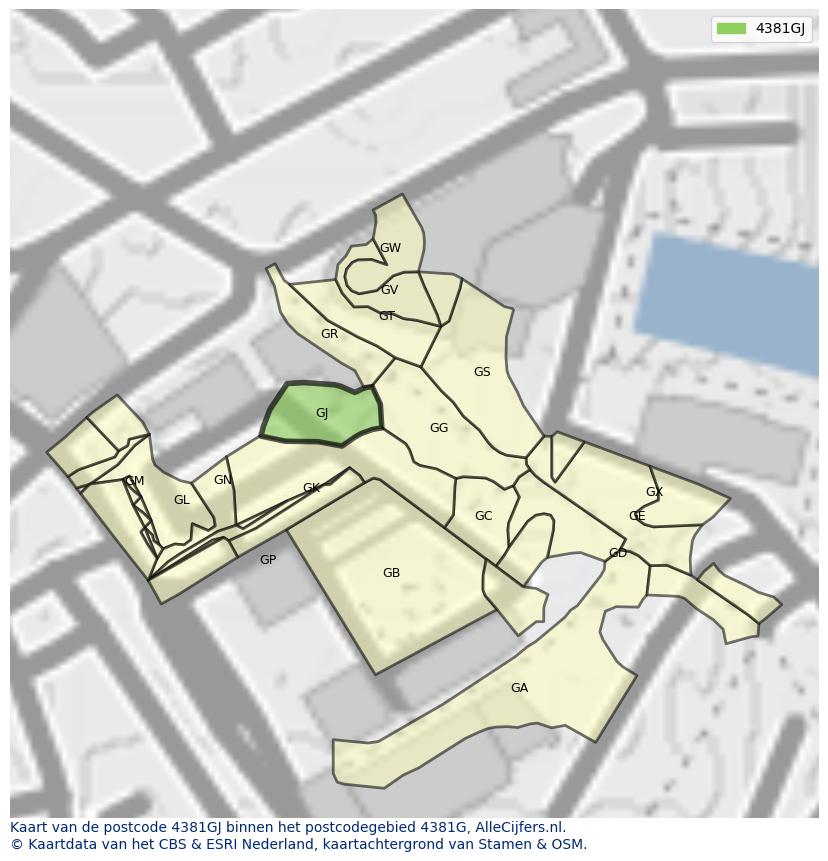 Afbeelding van het postcodegebied 4381 GJ op de kaart.