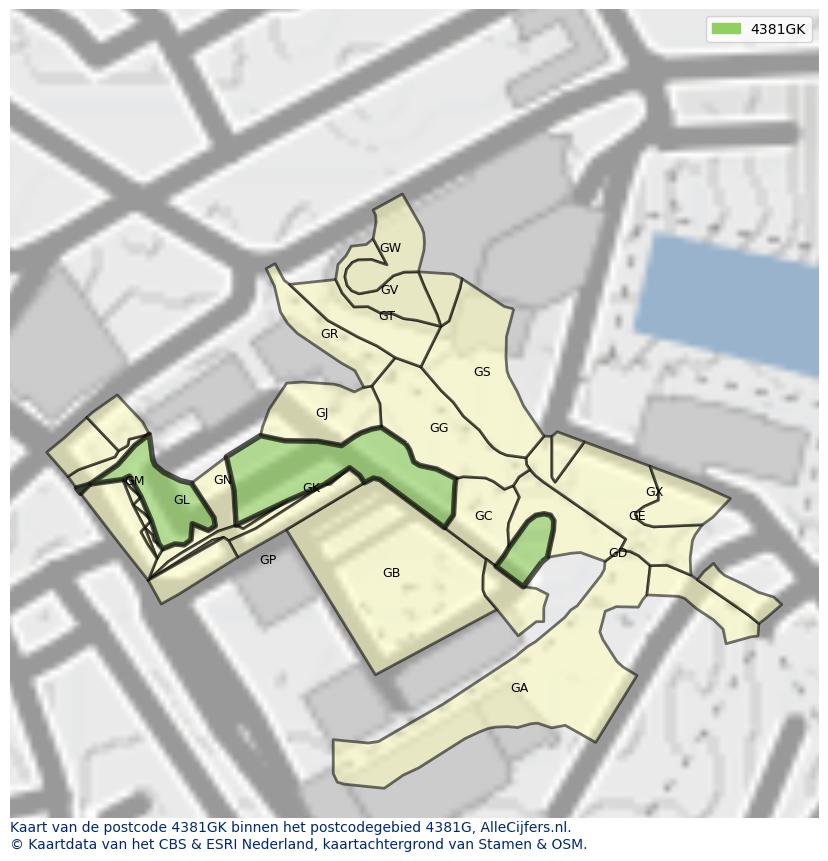 Afbeelding van het postcodegebied 4381 GK op de kaart.